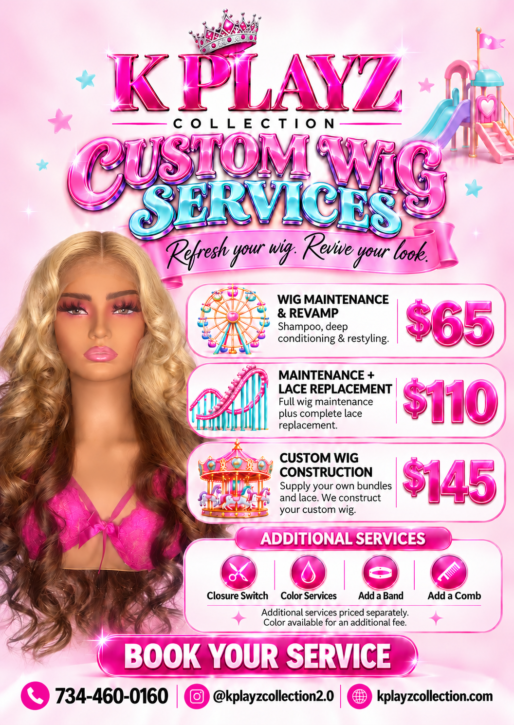 K Playz Collection custom wig services pricing and booking flyer